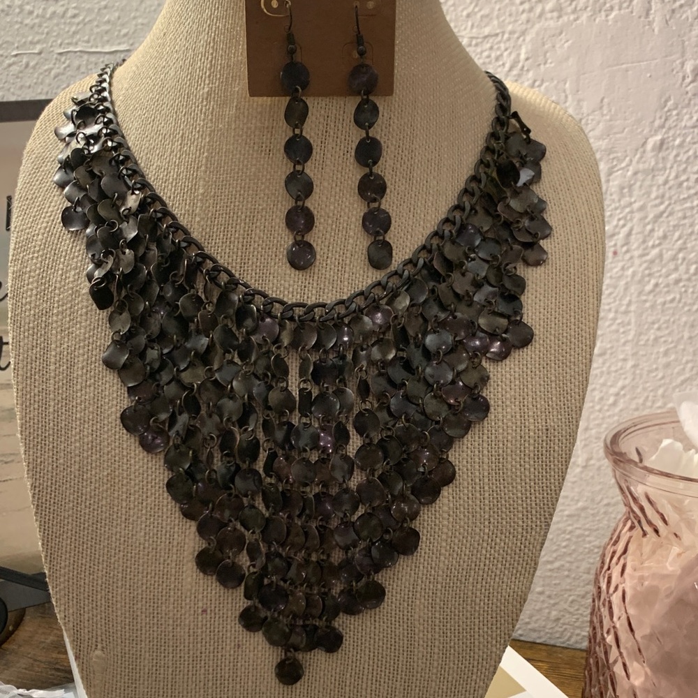 Plunder 2016-2017 original bronze layered Disc Bib Necklace&  Earrings